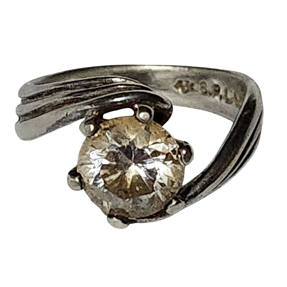 Vtg S.P. Lind Large Clear CZ Solitaire Silver Tone Statement Ring Size 7